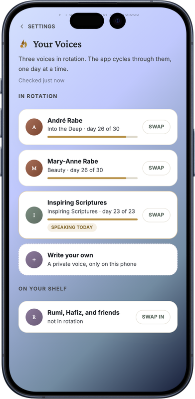 Voices screen showing three authors in rotation