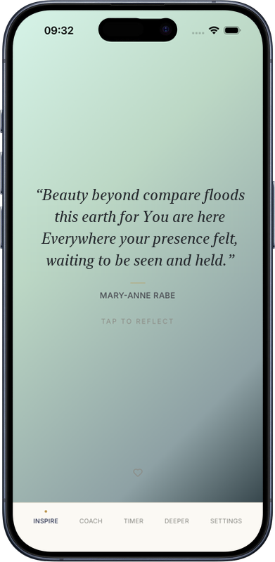 The Inspire screen in the Embering app, showing today's quote on the Forest Sage canvas, in a real iPhone frame