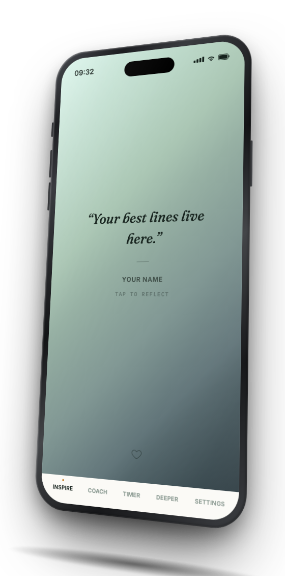 A phone tilted in 3D showing an Embering quote screen reading 'Your best lines live here.'